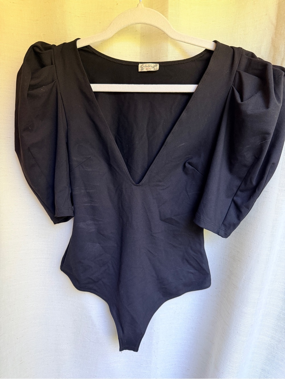 Free People Va Va Voop Black Puff Sleeve Deep V Bodysuit XS